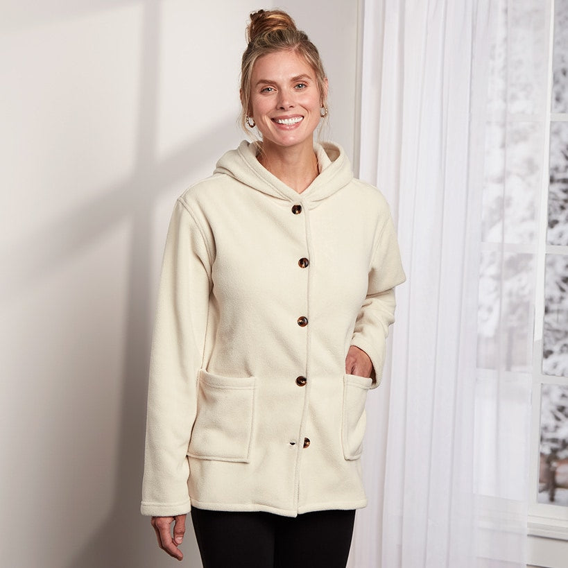 Women's Button-Up Fleece Jacket with Hood#select-color_cream