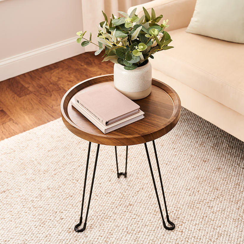 Round Wooden Side Table with Metal Foldable Legs - 15"D