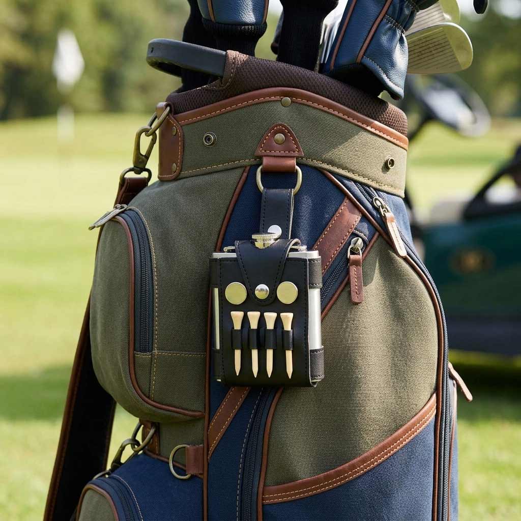 Golfer's Flask - Leather Case, Tees and Divot Tool Included