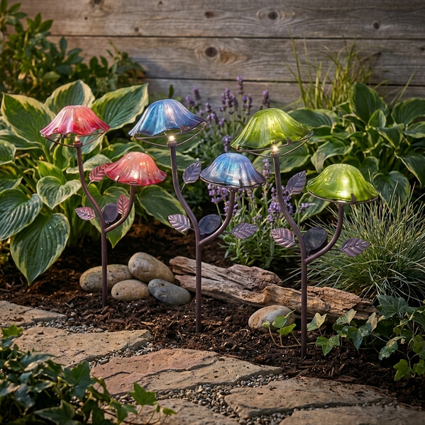 Solar-Powered Double Mushroom Stake – Pink, Green, and Blue | The