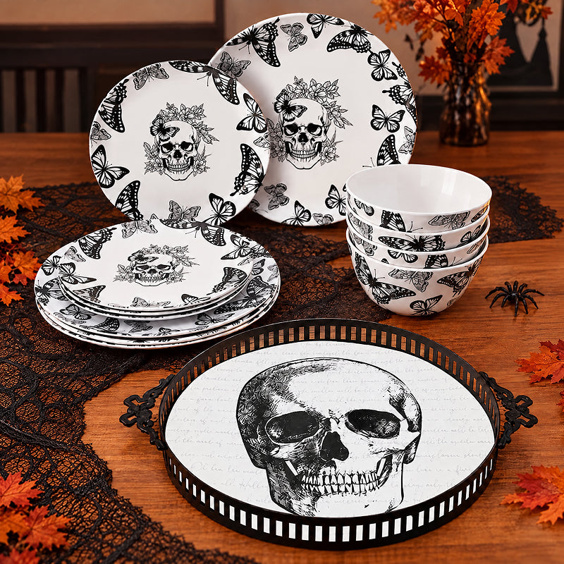 Gothic Elegance Halloween Butterfly and Skull Dinnerware Set