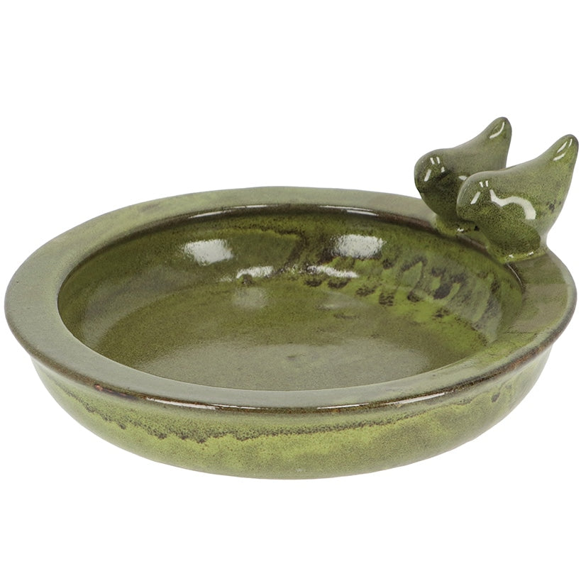 Green Ceramic Round Bird Bath with Birds