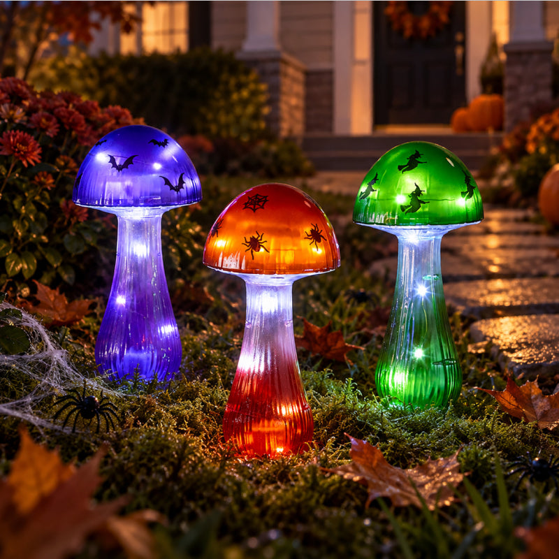 Halloween Mushroom Solar Stake Themed In Orange Purple And Green