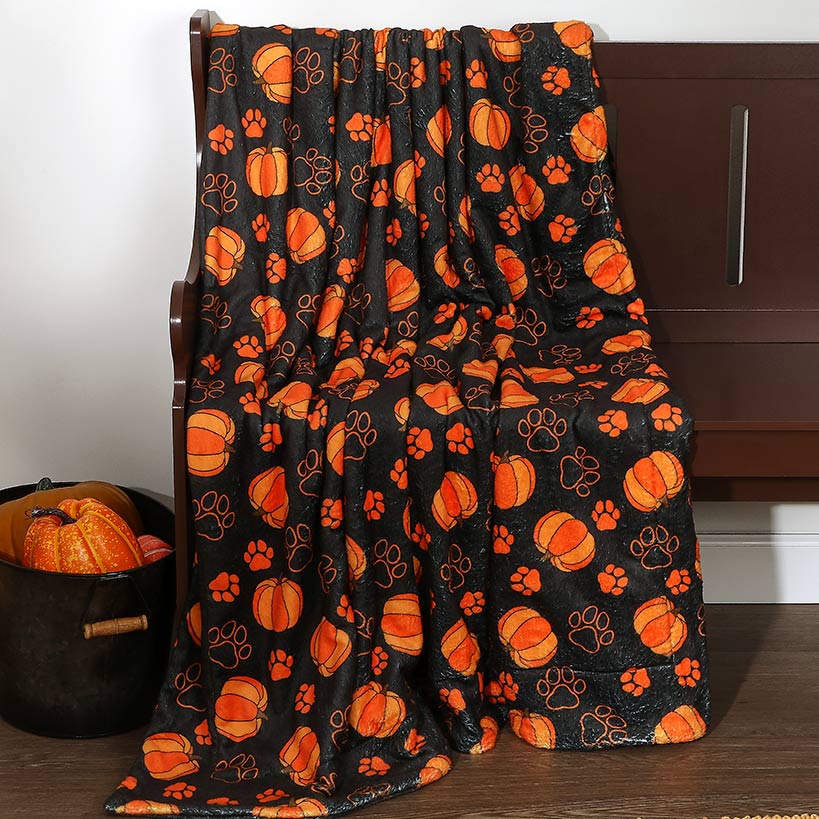 Halloween Pet Blanket Lightweight Cozy Festive Pumpkins And Paws Print