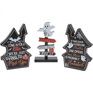 Halloween Tabletop Wood Decor In Black Cat Or Haunted Lane Trio