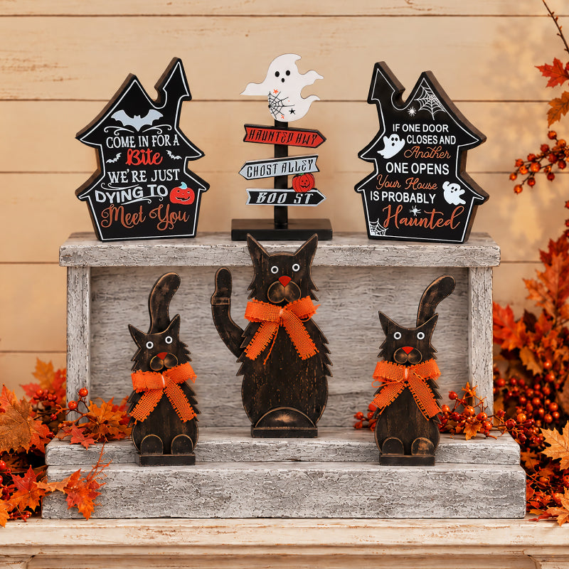 Halloween Tabletop Wood Decor In Black Cat Or Haunted Lane Trio