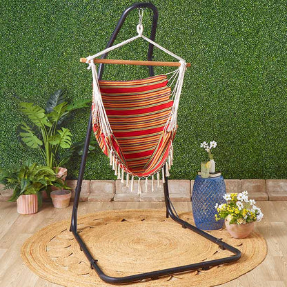 Outdoor Hammock Hanging Striped Chair or Black Metal Stand