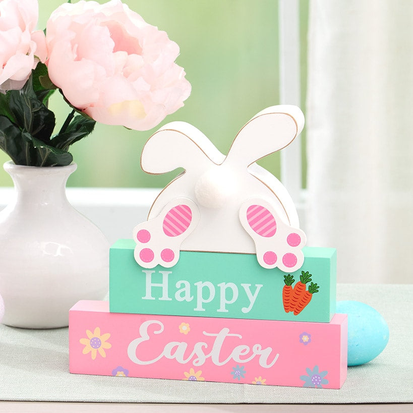 Happy Easter Stacked Block Sign with Bunny - Natural or Spring#select-sign_spring