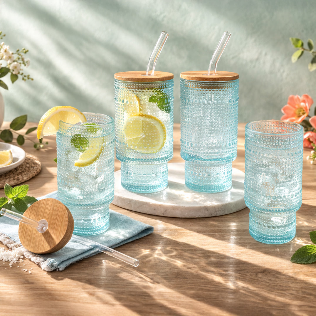 Hobnail Blue Glasses with Bamboo Lids and Glass Straws - Set of 4