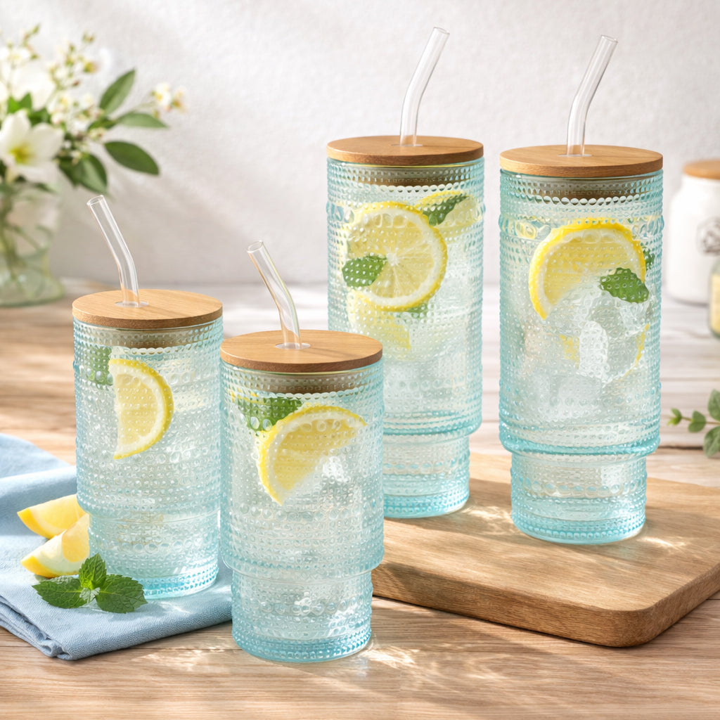 Hobnail Blue Glasses with Bamboo Lids and Glass Straws - Set of 4