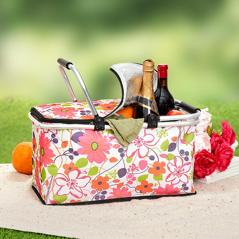 Insulated Cooler Picnic Basket Handles Zip Closure Floral Or Polka Dot