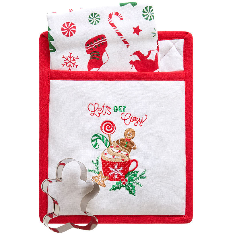 Holiday Kitchen Gift Set: Towel, Pot Holder Wooden Spoon or Cookie Cutter