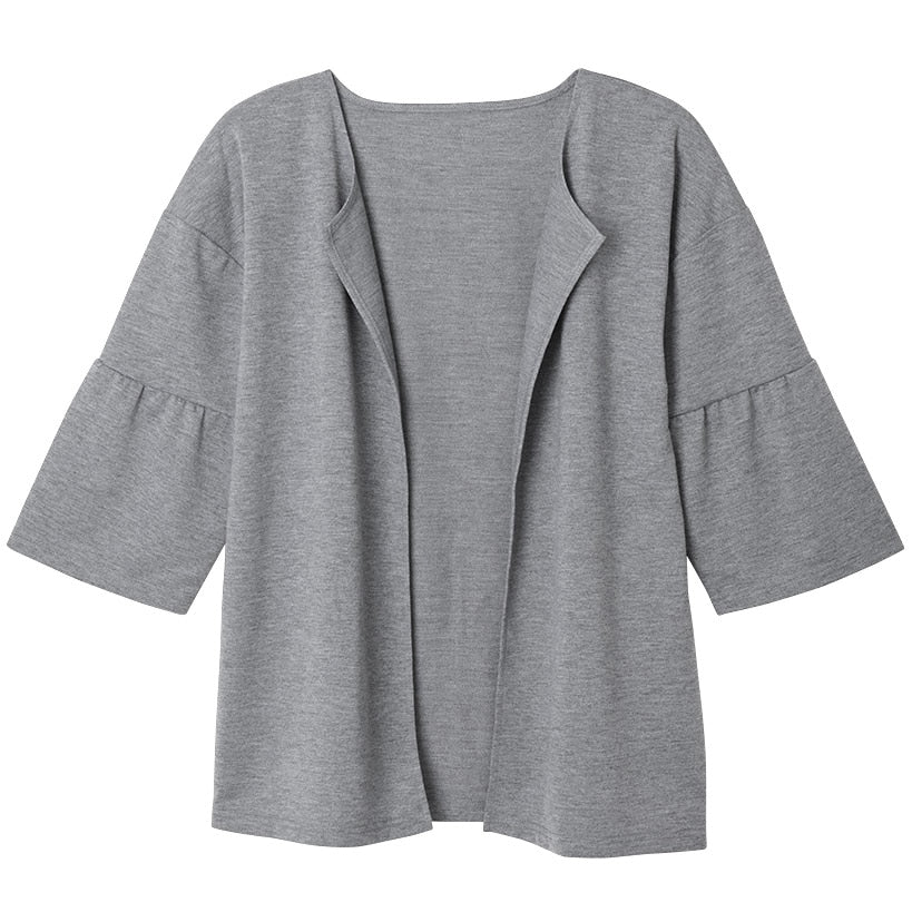 Open Front Cardigan with Ruffle 3/4 Sleeve#select-color_gray