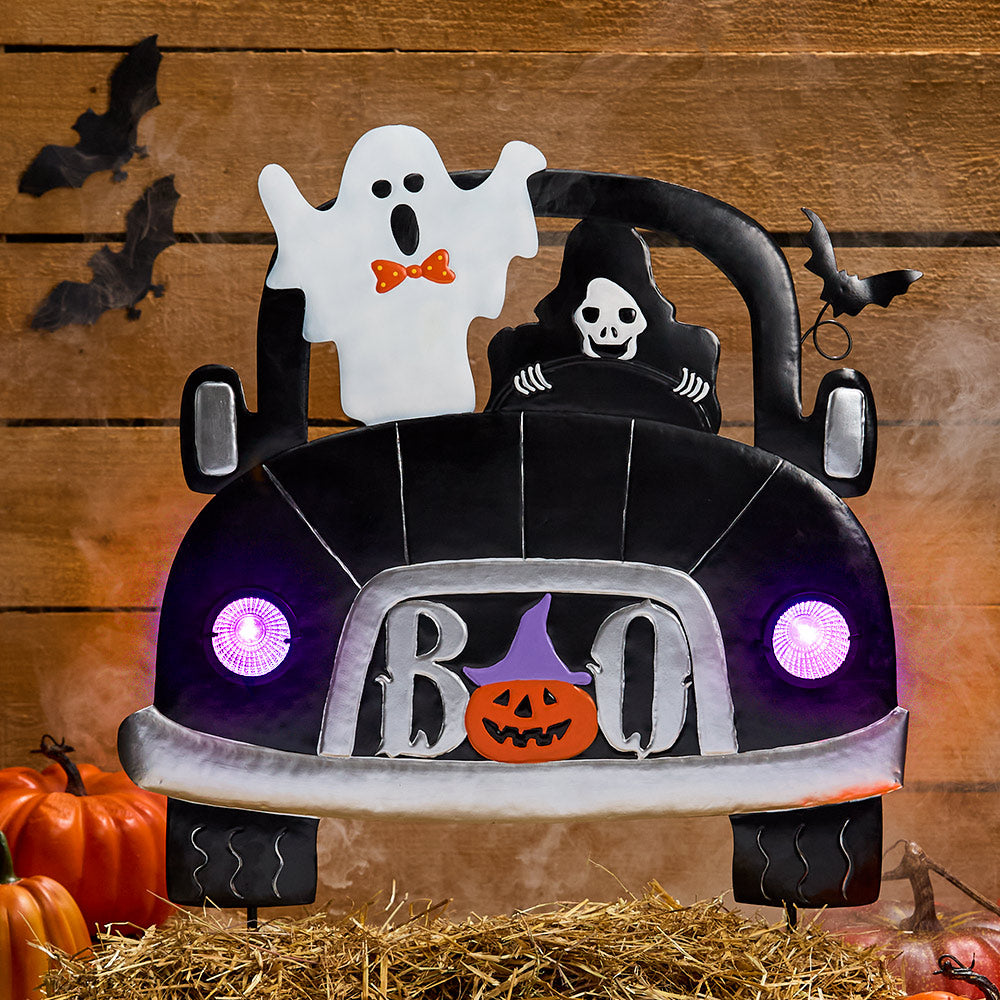 Lighted Halloween Truck Stake With Ghost And Grim Reaper Headlights