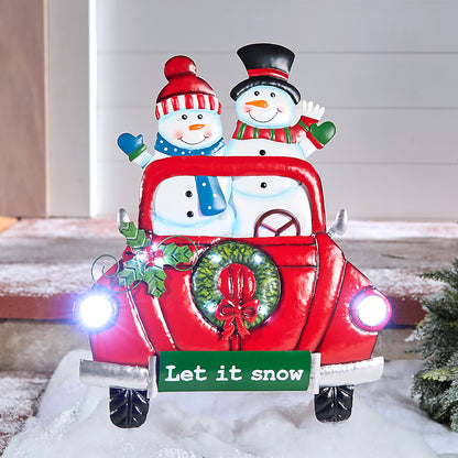 Lighted LED Let It Snow Snowman Red Truck Yard Stake