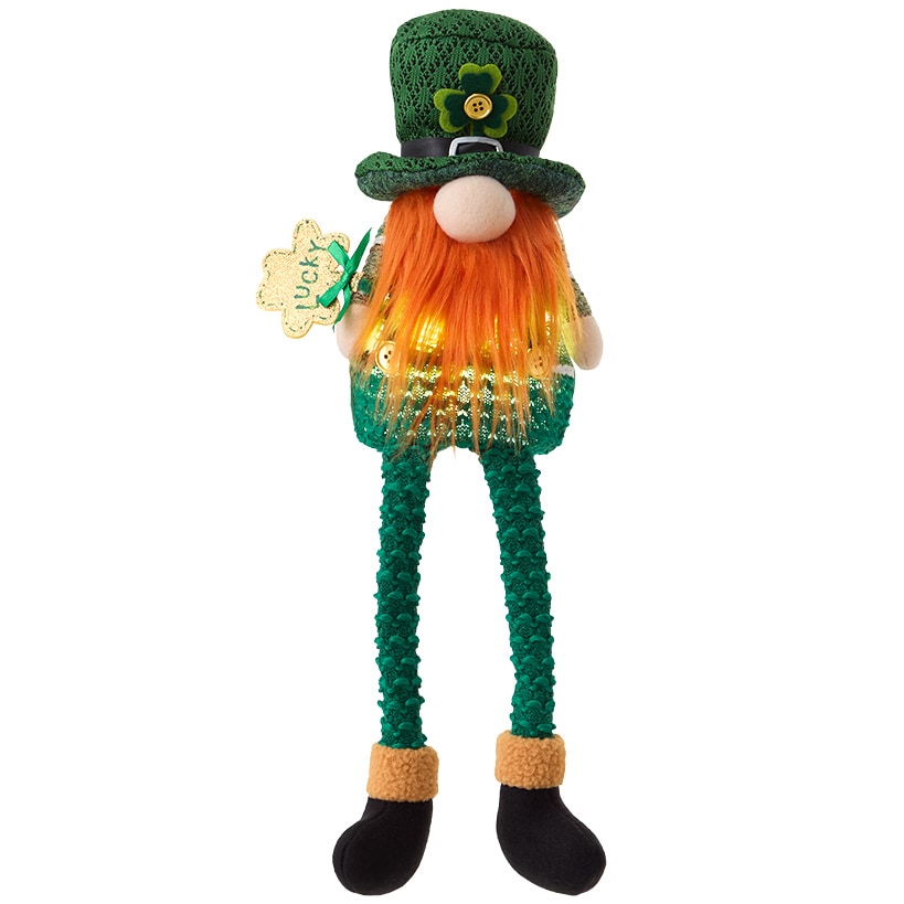 St Patrick's Lighted Green Leprechaun Gnome Shelf Sitter