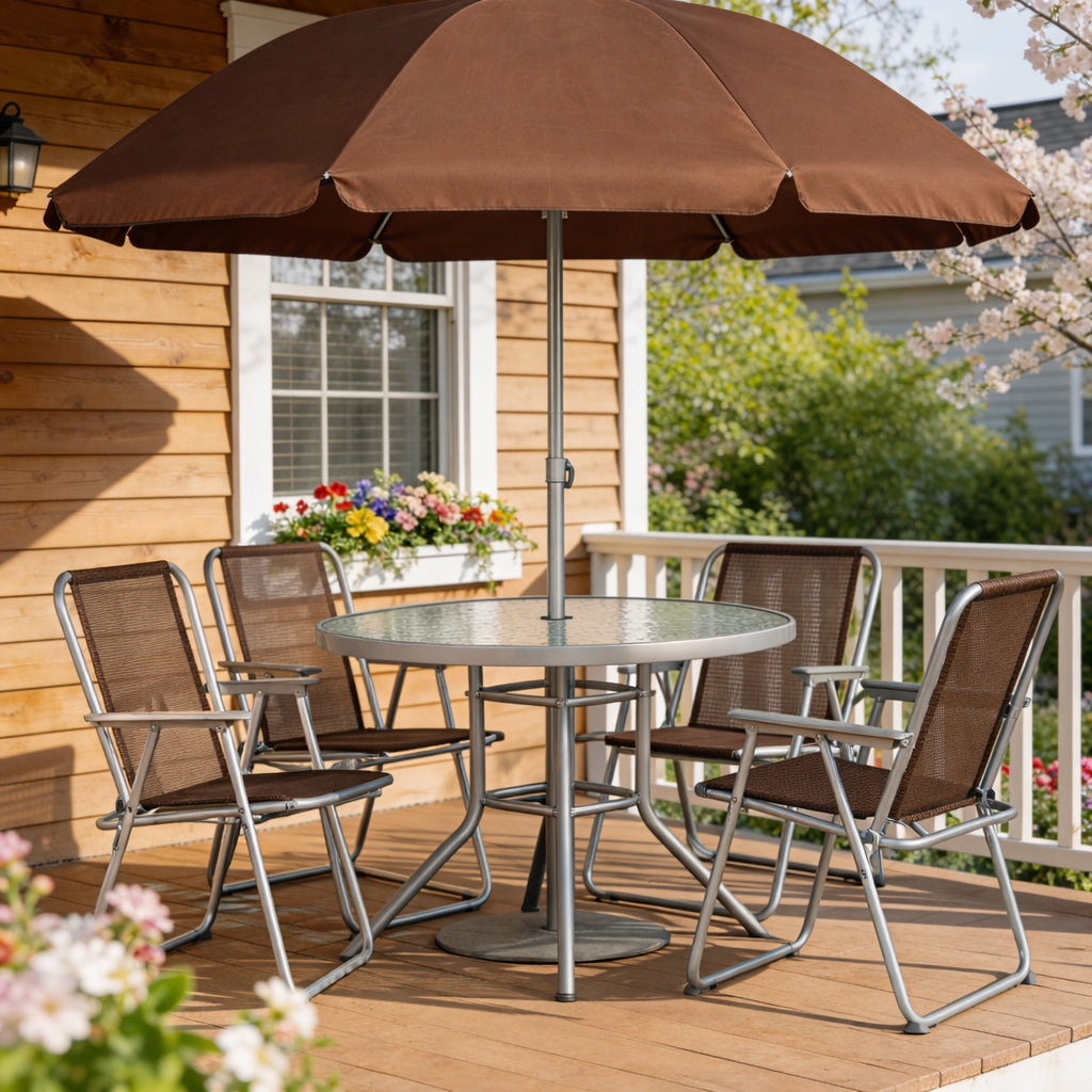 6-Pc. Outdoor Garden Glass Table Furniture Set with Chairs and Umbrella
