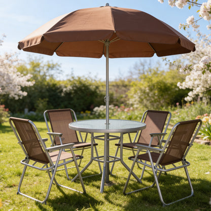 6-Pc. Outdoor Garden Glass Table Furniture Set with Chairs and Umbrella