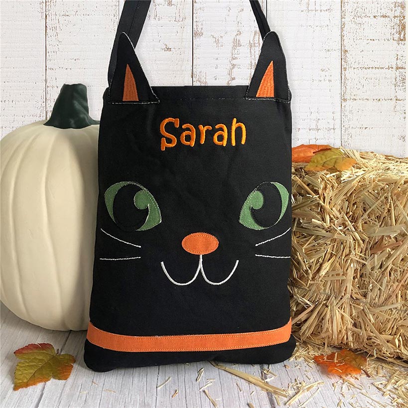 Personalized Halloween Black Cat Trick or Treat Bag