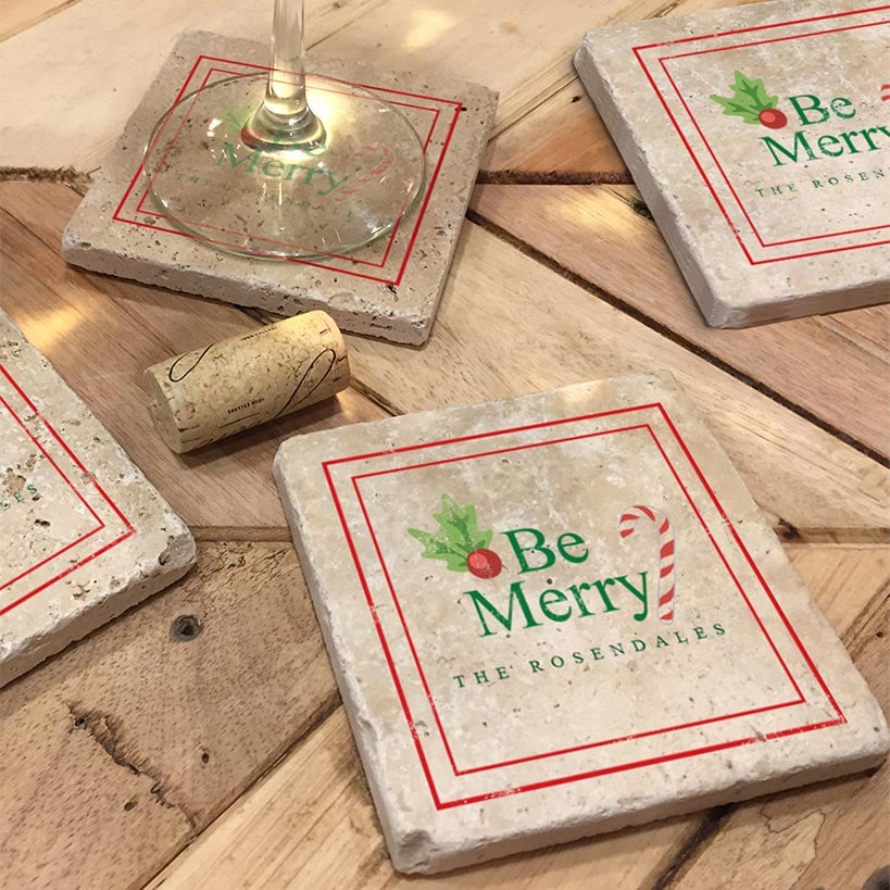 Personalized Christmas Travertine Coaster Set of 4#select-coasters_be-merry