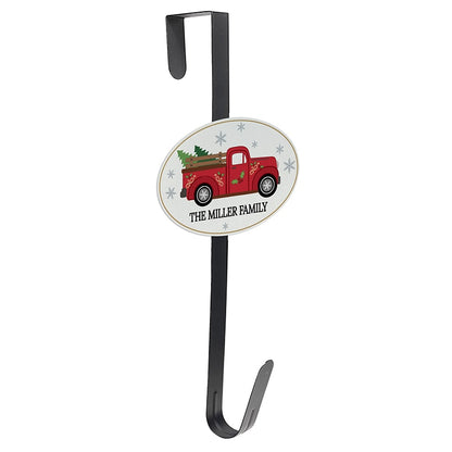 Personalized Christmas Red Truck Wreath Door Hanger or Oval Metal Plaque