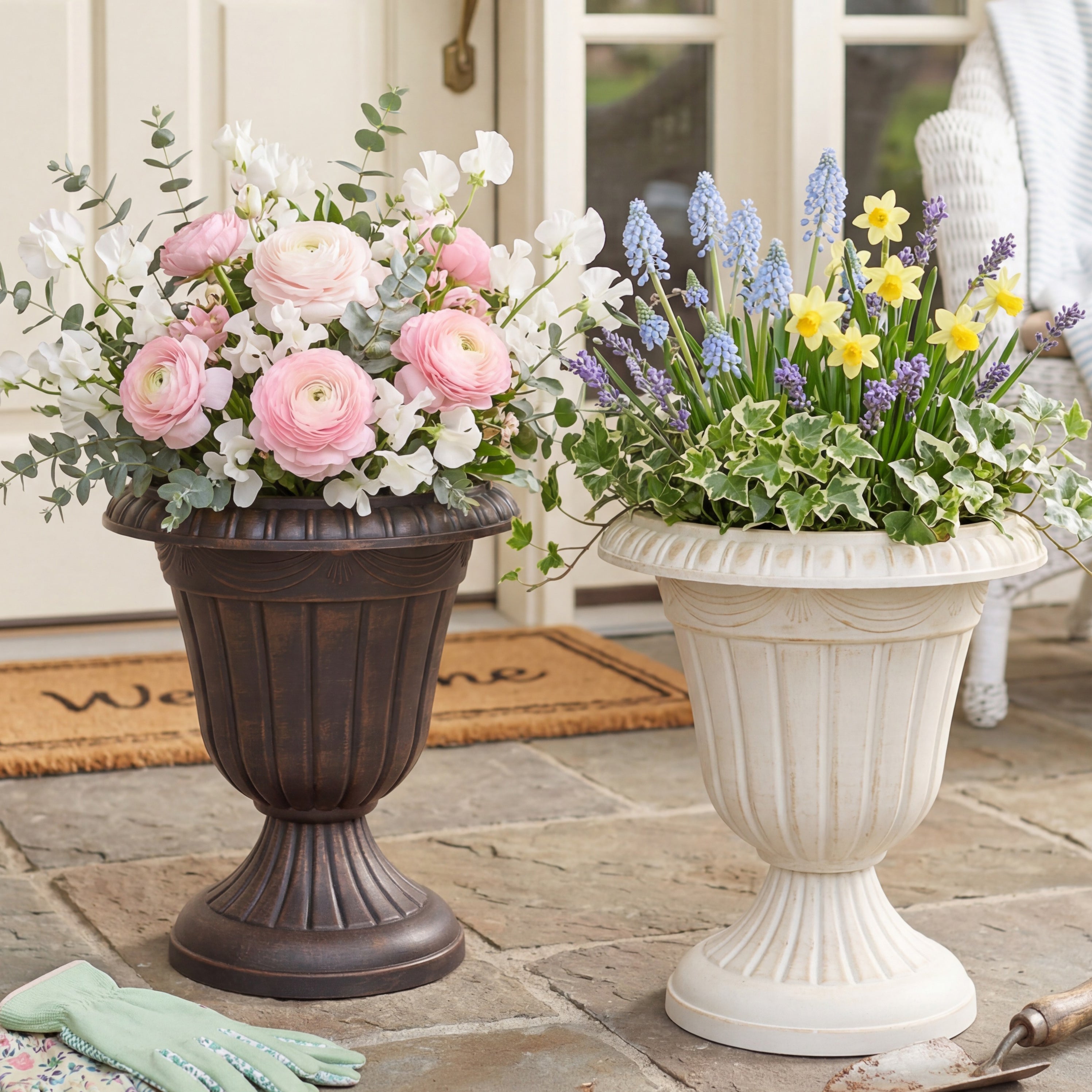 Plastic Urn Planter in White-Gold or Black-Copper
