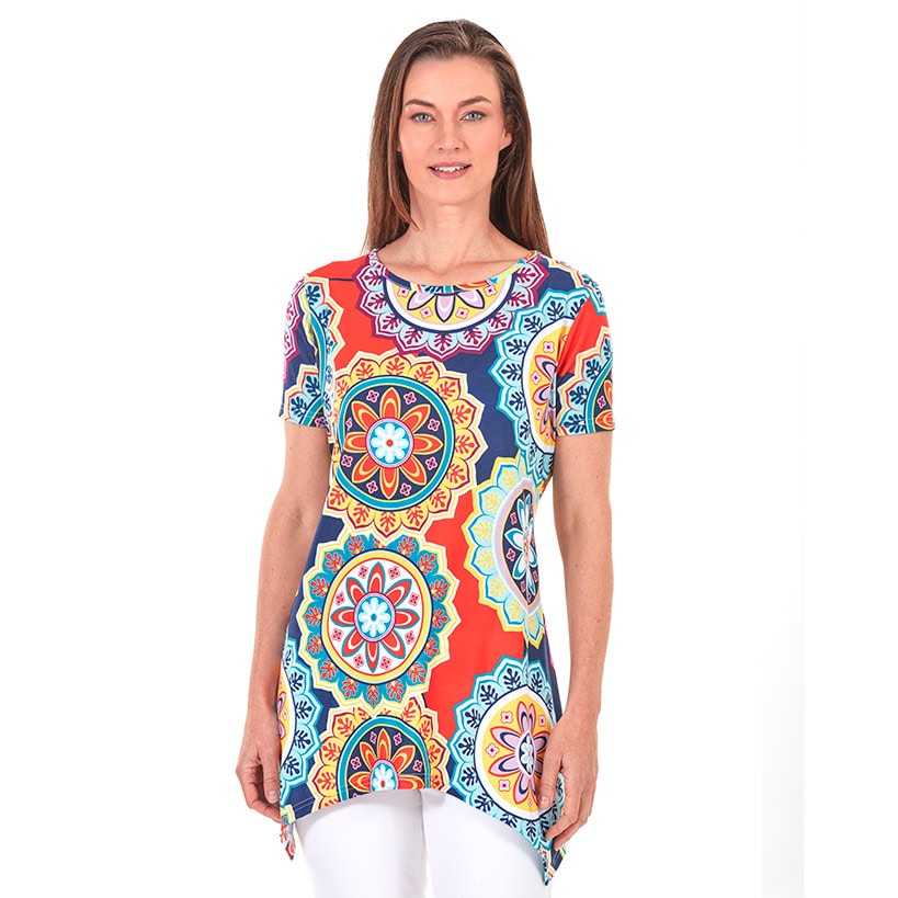 Women's Printed Short Sleeve Top with Asymmetric Hem#select-design_medallion