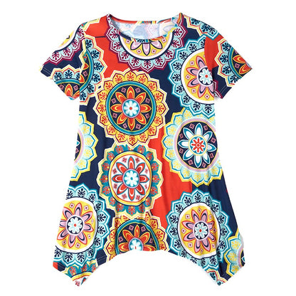 Women's Printed Short Sleeve Top with Asymmetric Hem