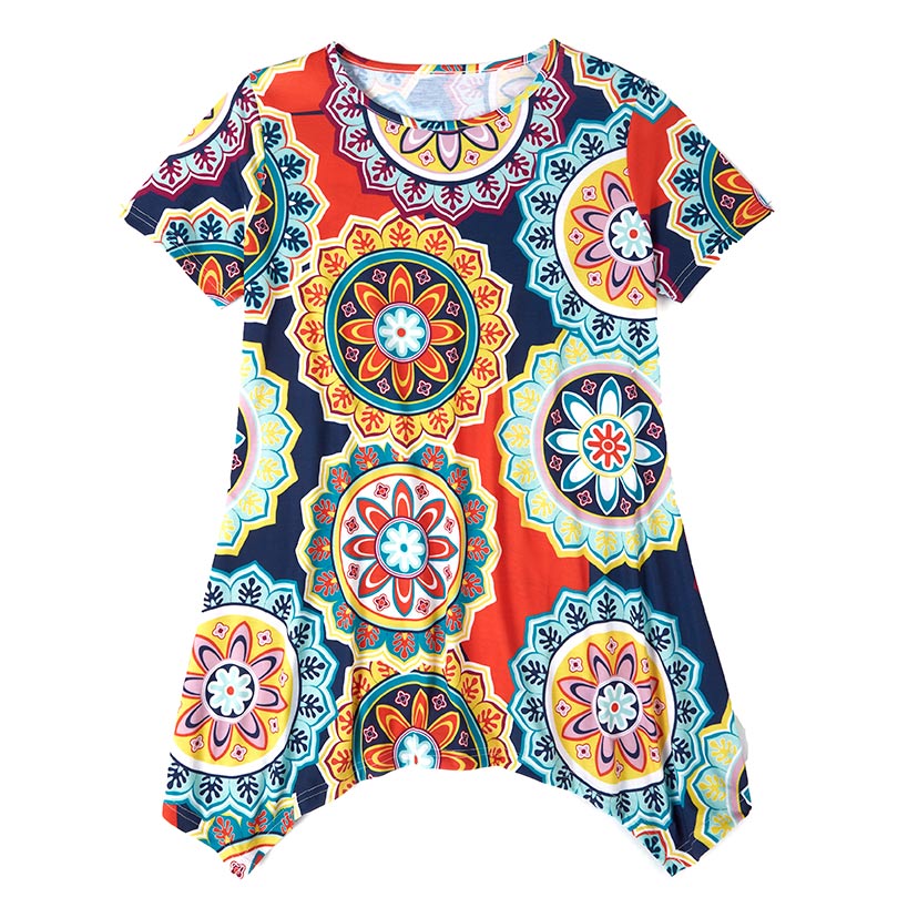 Women's Printed Short Sleeve Top with Asymmetric Hem