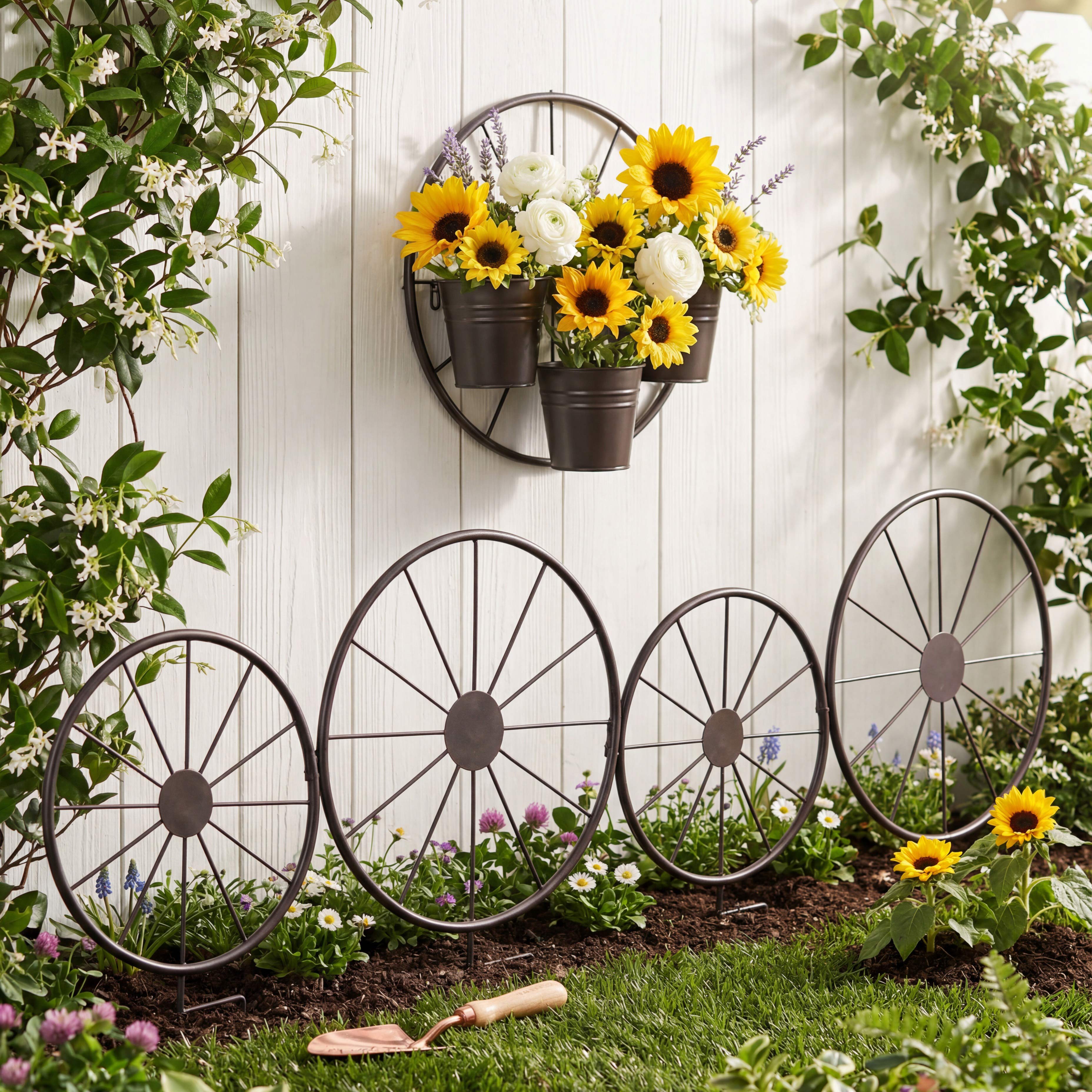 Rustic Wagon Wheel Planter or Fence for Outdoor Spaces
