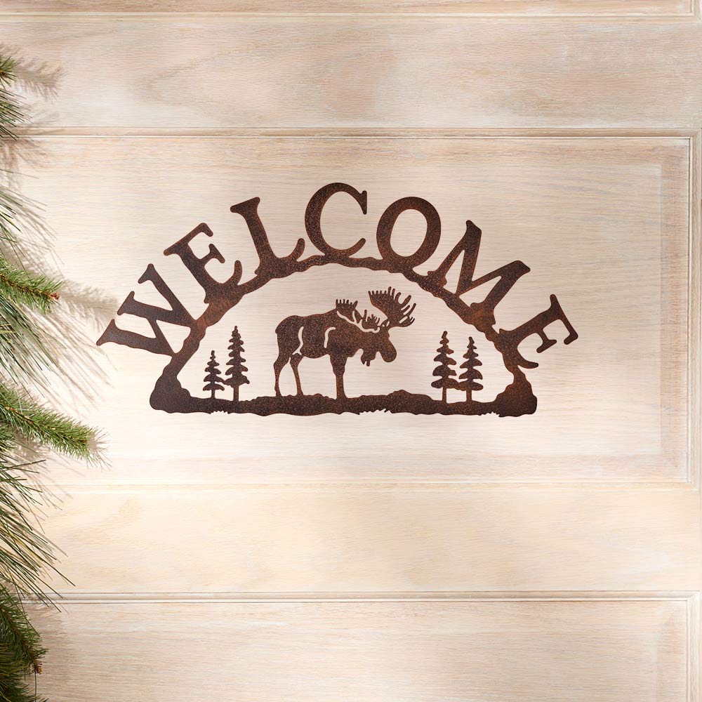Rustic Woodland Moose Metal Welcome Sign
