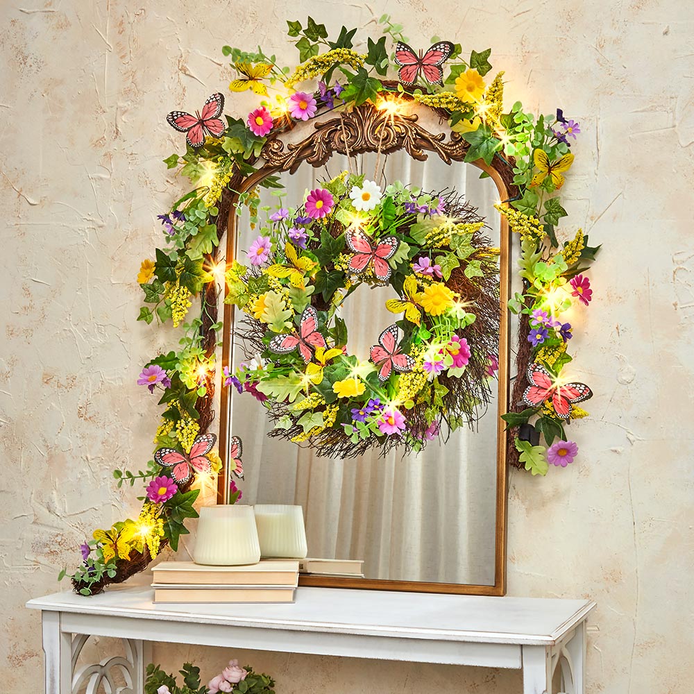 Summer Butterfly and Flower Lighted Wreath or Garland-Seasonal