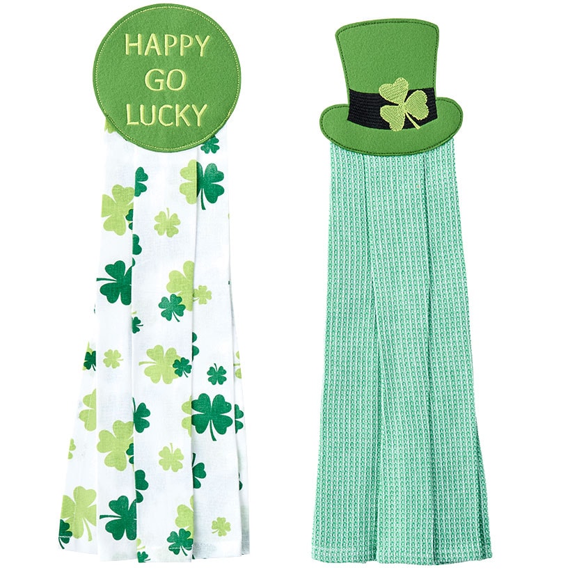 St Patrick's Day Kitchen Tie Towels Happy Go Lucky Set of 2