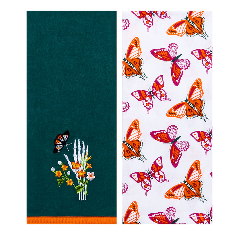 Butterfly and Skeletons Embroidered Kitchen Towels, Set of 2