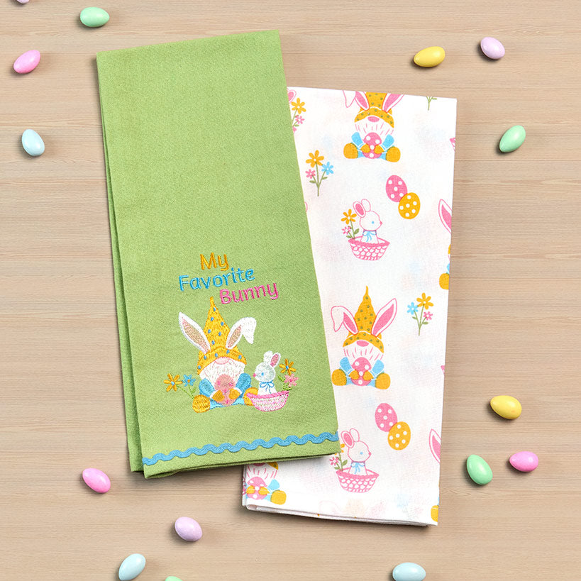 Embroidered Kitchen Towels Gnomes and Bunnies Set of 2#select-towel_favorite-bunny
