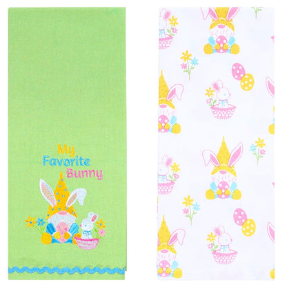 Embroidered Kitchen Towels Gnomes and Bunnies Set of 2