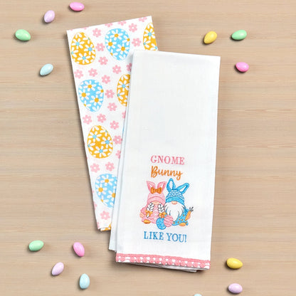 Embroidered Kitchen Towels Gnomes and Bunnies Set of 2