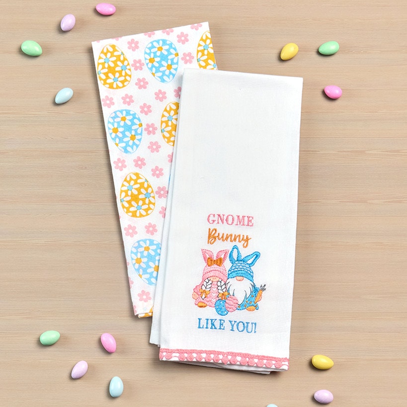 Embroidered Kitchen Towels Gnomes and Bunnies Set of 2#select-towel_gnome-bunny