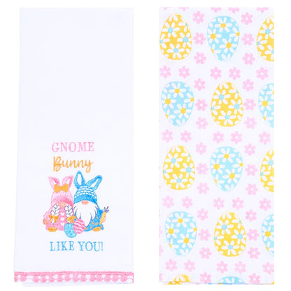 Embroidered Kitchen Towels Gnomes and Bunnies Set of 2