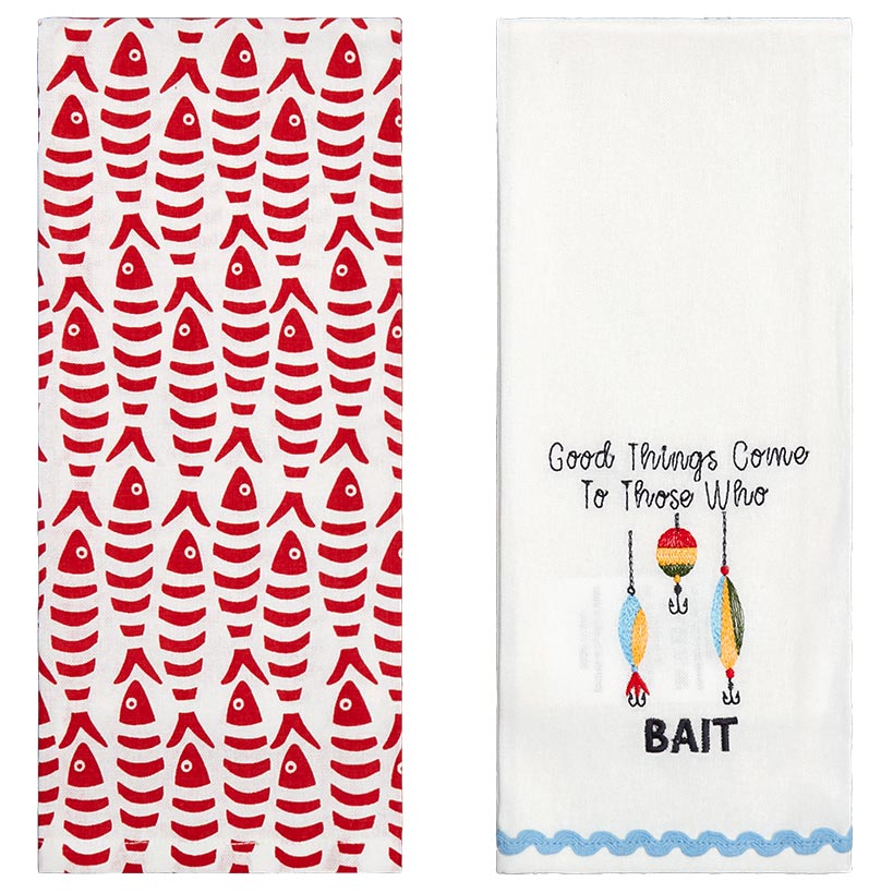 Embroidered Gone Fishing Kitchen Towels, Set of 2