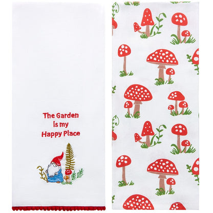 Set of 2 Spring Mushroom Embroidered Kitchen Towels