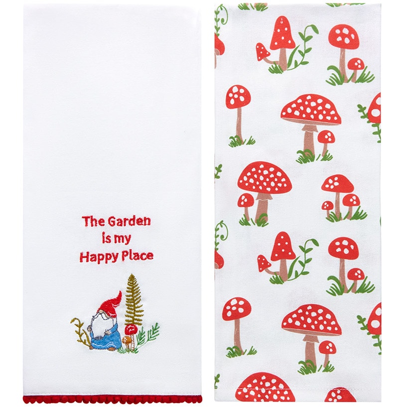 Set of 2 Spring Mushroom Embroidered Kitchen Towels