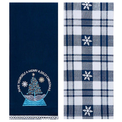 Set of 2 Blue Christmas Embroidered Kitchen Towels