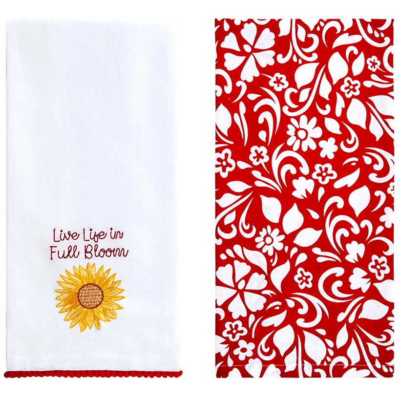 Summer Floral Embroidered Kitchen Towels, Set of 2