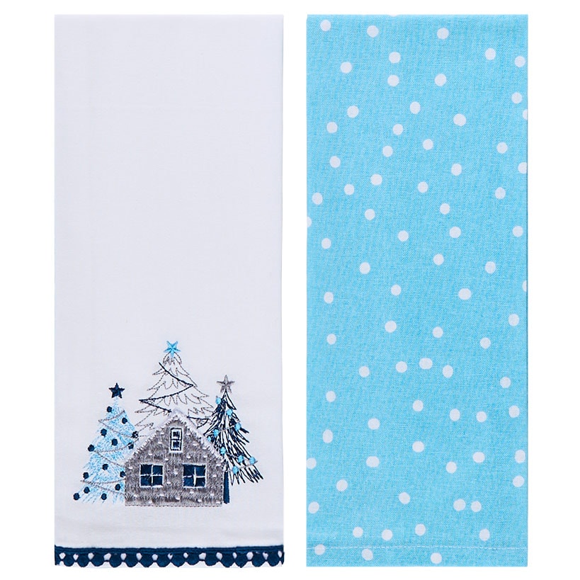 Set of 2 Blue Christmas Embroidered Kitchen Towels