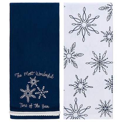 Set of 2 Blue Christmas Embroidered Kitchen Towels
