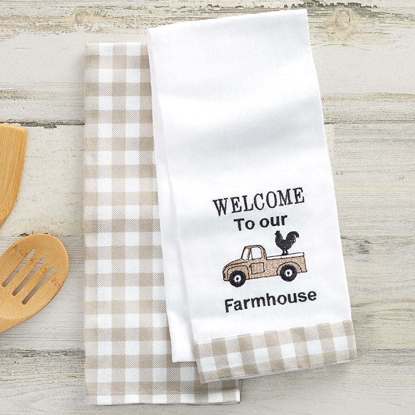 Rustic Farmhouse Plaid Embroidered Kitchen Towels, Set of 2#select-towel_welcome-to-our-farm-house