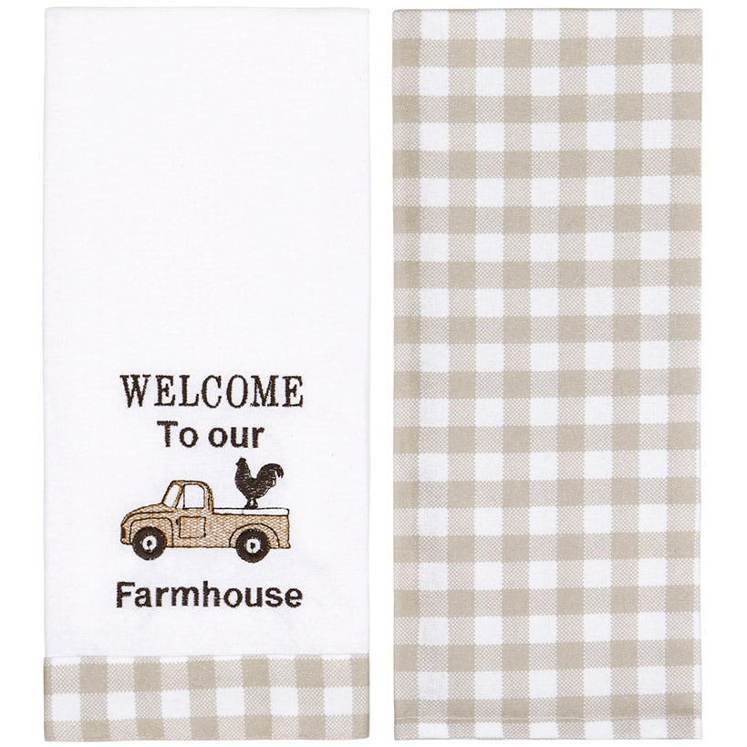 Rustic Farmhouse Plaid Embroidered Kitchen Towels, Set of 2