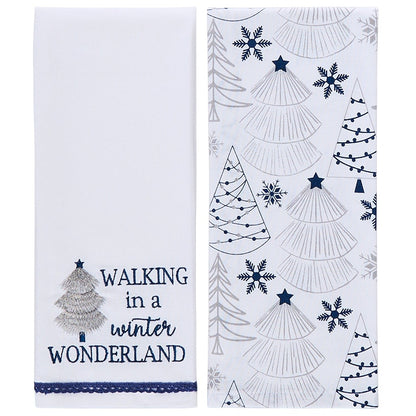 Set of 2 Blue Christmas Embroidered Kitchen Towels