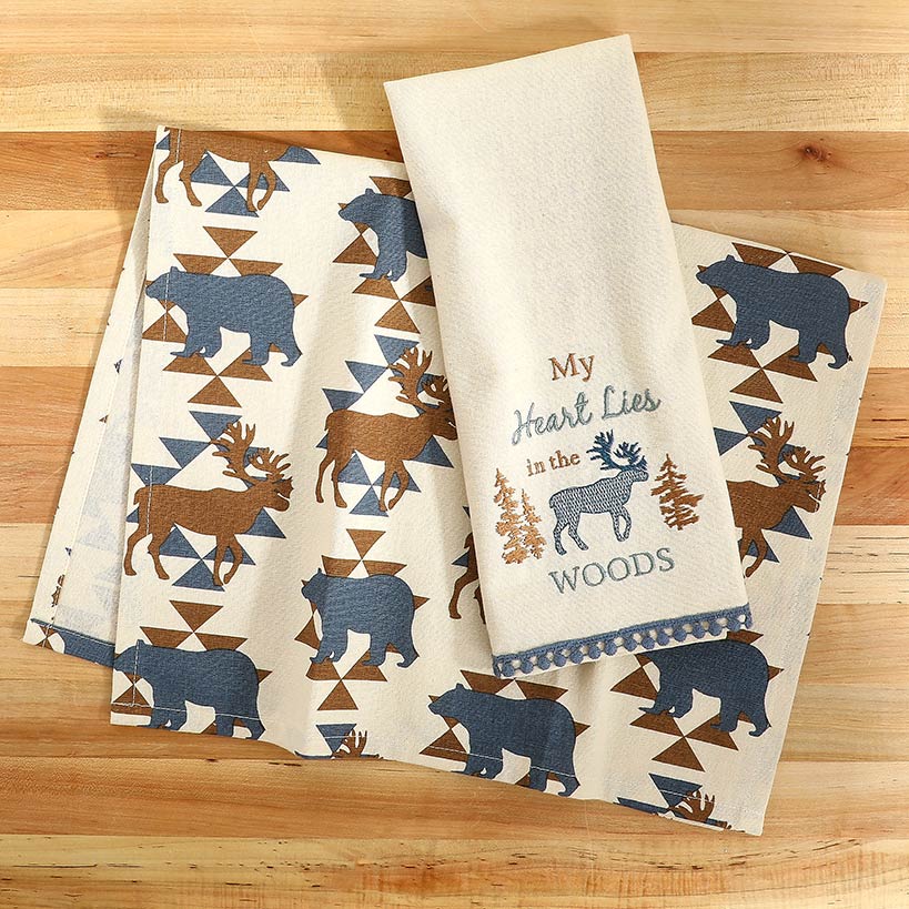 Embroidered Kitchen Towels Lodge Set of 2#select-towel_in-the-woods
